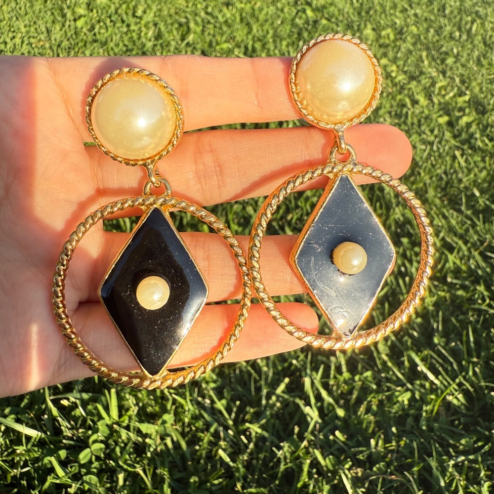 Gold and Black Drop Earrings with Pearl Accents